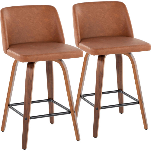 Toriano 26" Swivel Counter Stool in Walnut Wood & Camel Leatherette w/ Black Footrest (Set of 2)